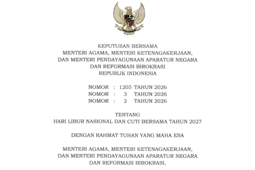 Surat Keputusan Bersama (SKB) Tiga Menteri mengenai Hari Libur Nasional dan Cuti Bersama Tahun 2027.(Dok Humas Kemenko PMK/DND – Humas Kemensetneg)