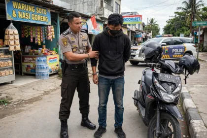 Ilustrasi pencuri motor ditangkap polisi.(dok Meta AI)