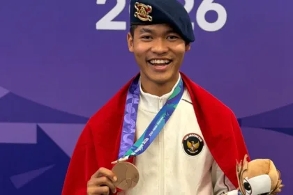 Briptu Muhamad Fawwaz Aditia Farrel, personel Batalyon C Pelopor Satbrimob Polda Metro Jaya berhasil menyumbangkan medali perunggu untuk Kontingen Indonesia pada ajang Asian Games 2026.(Foto: Humas Polri)